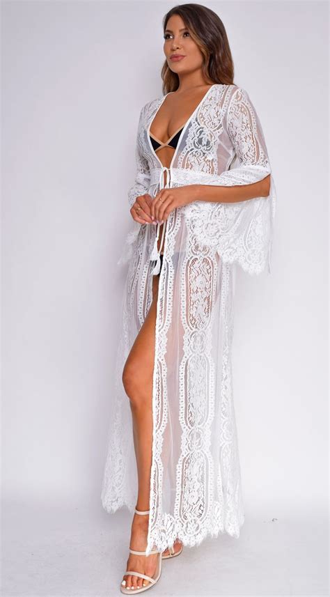 Samaria White Lace Bell Sleeve Cover Up Long Sleeve Mesh Dress White