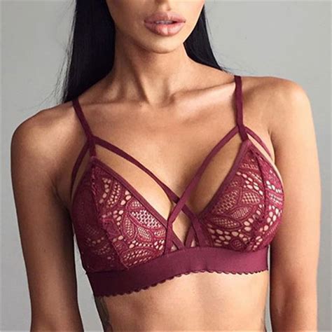 Sexy Wine Red Strappy See Through Hollow Out Floral Lace Lingerie Bra