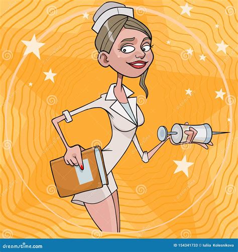 Cartoon Woman In Nurse Costume With A Book And Syringe In Her Hands Stock Vector Illustration