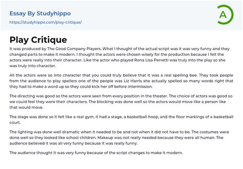 Play Critique Essay Example Studyhippo