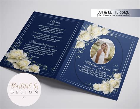 4 Page Elegant Navy Funeral Program Template Celebration Of Etsy