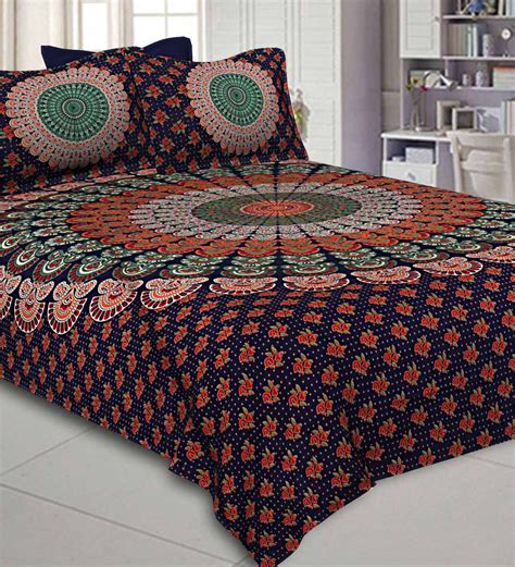 Buy Blue Traditional Tc 120 Cotton Double Bed Sheet With 2 Pillow