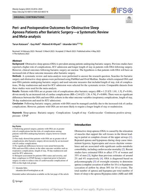 Pdf Peri And Postoperative Outcomes For Obstructive Sleep Apnoea