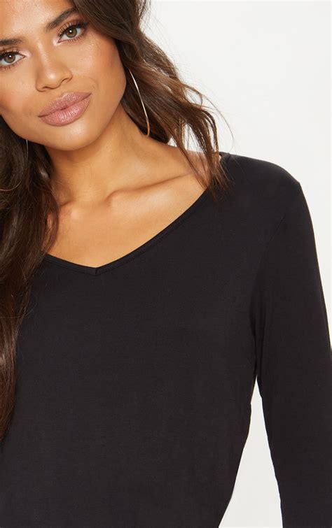 Black Jersey V Neck Long Sleeve Top Tops Prettylittlething