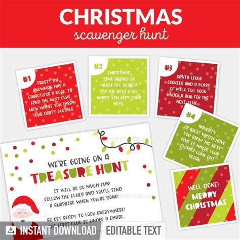 Christmas Scavenger Hunt Clues Editable Clue Cards For Indoor Treasure