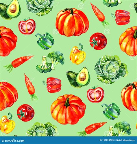 Watercolor Vegetable Seamless Pattern Hand Drawn Illustration Stock