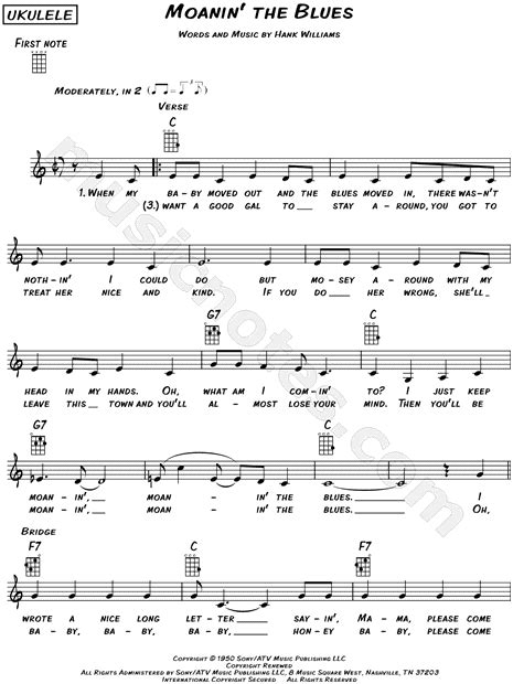 Hank Williams Moanin The Blues Sheet Music Leadsheet In C Major