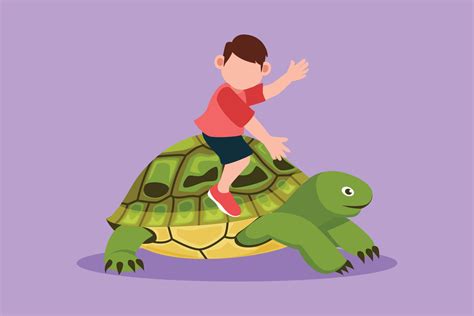 Graphic Flat Design Drawing Adorable Little Boy Riding Sea Turtle