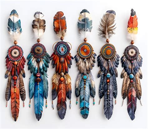 Premium Photo A Row Of Colorful Dream Catchers With Feathers And