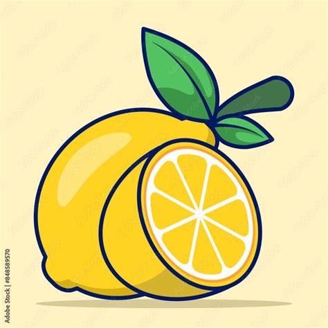 Cartoon Lemon Fruit Bright Yellow Lemon Fruit With Green Leaf Markings