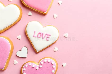 Composition With Decorated Heart Shaped Cookies And Space For Text On