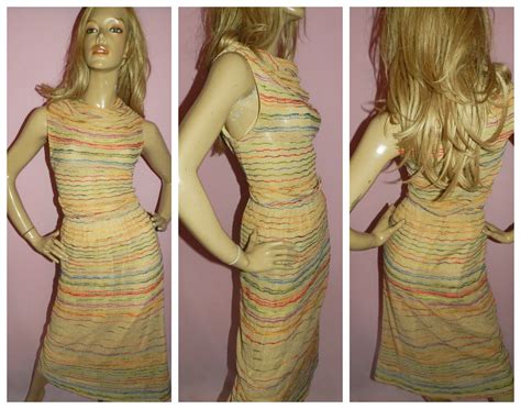Vintage 70s Semi SHEER NUDE Multicoloured STRIPED Knit Cowl Neck Day Dress 10 S 1970s
