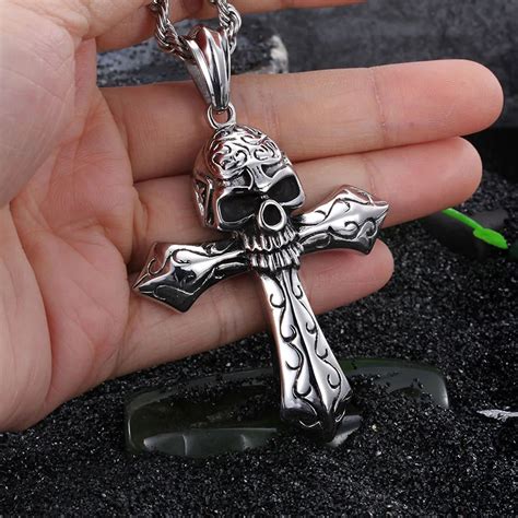 Cool Large Biker 316l Stainless Steel Skeleton Skull Cross Pendant Mens Rope Necklace Gothic