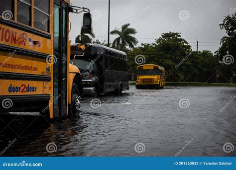 School Buses Stuck In Water During Hurricane Eta At Florida Street