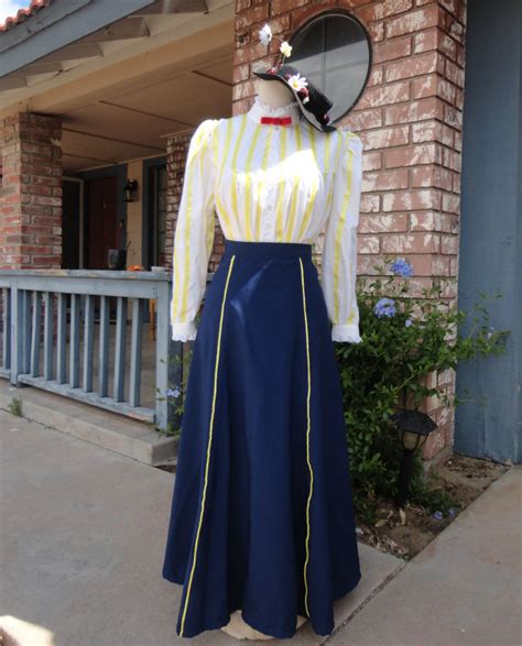 Mary Poppins Nanny Costume Black Coat Yellow Stripe Blouse