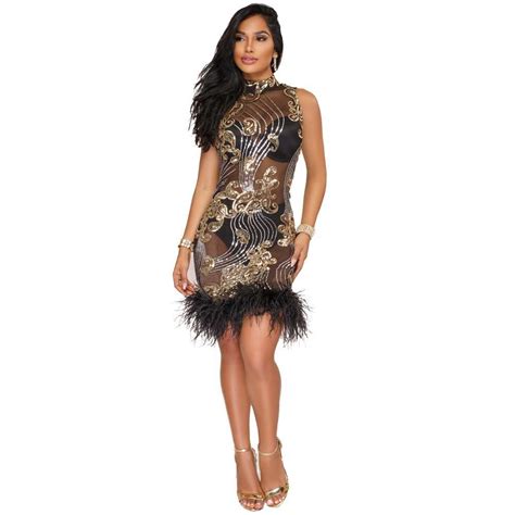 Women Dress Sheer Mesh Sequined Feather High Neck Sleeveless Bandage