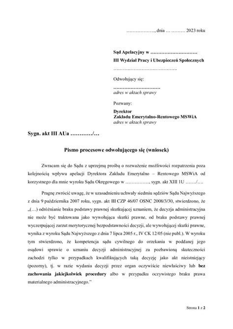 Wzór Wniosku o rozpatrzenie sprawy poza kolejnością wpływu apelacji