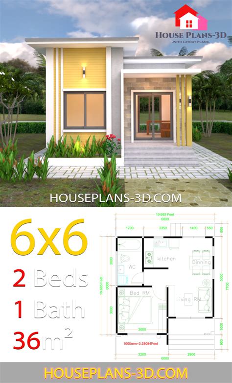 House Plans 6x6 with One Bedrooms Flat Roof - House Plans 3D