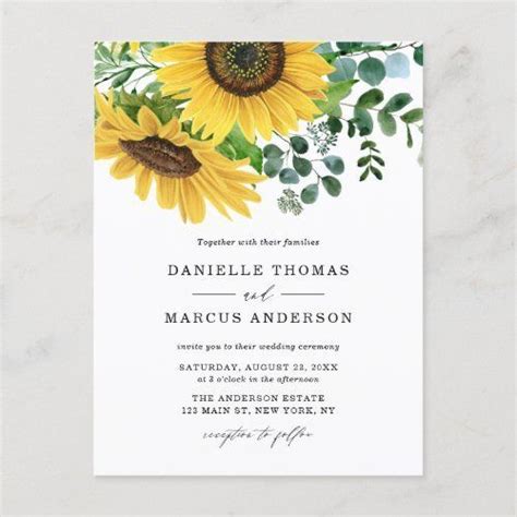 Watercolor Sunflowers And Eucalyptus Wedding Invitation Postcard Zazzle Postcard Wedding