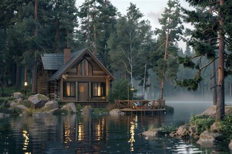 Premium Photo Charming Lakeside Cabin Surrounded By Trees