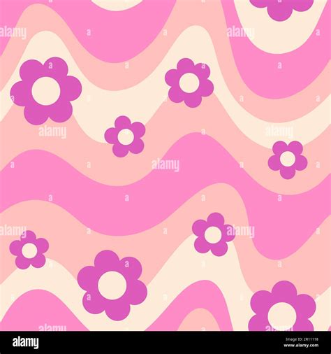 Groovy Waves And Daisy Flowers Seamless Pattern Psychedelic Curved