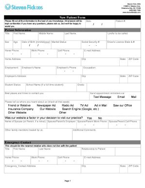 Fillable Online New Patient Form Steven Fick Dds Fax Email Print