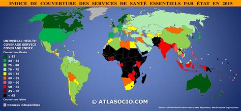 Carte du monde indice de couverture des services de santé essentiels