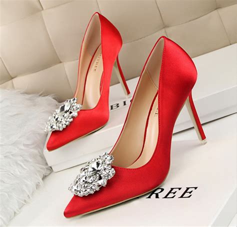 Pointed Toe High Heel Satin Pumps With Crystal Adornments Prom Heel