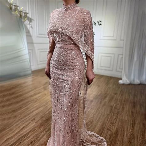 Ships In 2 To 5 Days Luxurious Dubai Arabian Nude Mermaid Evening Dress With Long Cape