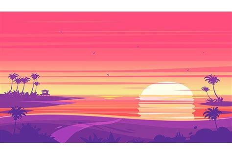 Sunset beach landscape (vector) | Beach illustration, Beach landscape, Tree illustration