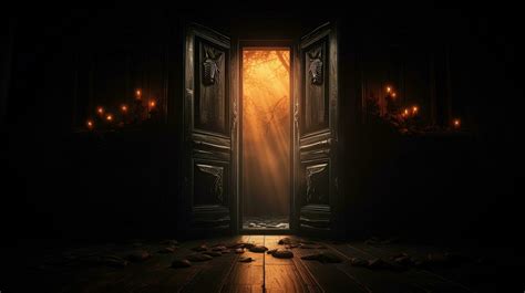 Halloween Themed Room With An Open Door In Darkness Silhouette Concept