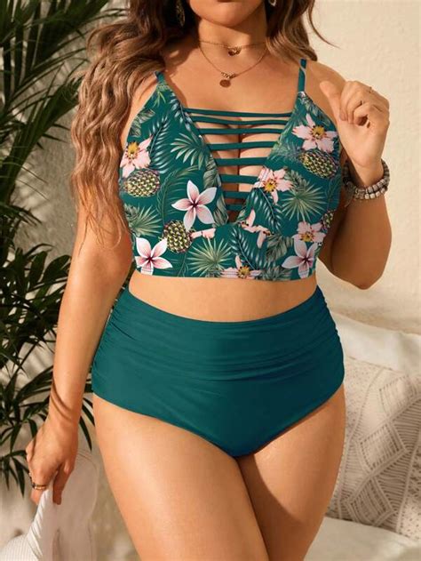 Shein Swim Vcay Plus Tropical Print Cut Out High Waist Bikini Swimsuit