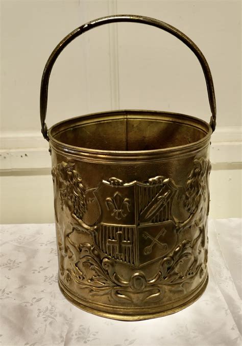 Arts And Crafts Embossed Brass Coal Bucket