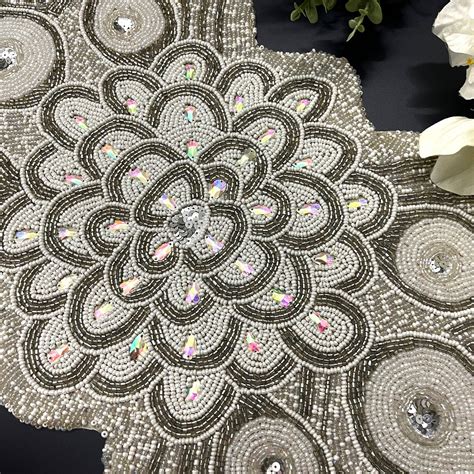 Handmade Bead Table Runner Peacock Design White And Silver Etsy