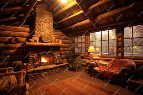 Premium AI Image | Rustic log cabin interior with fireplace created ...