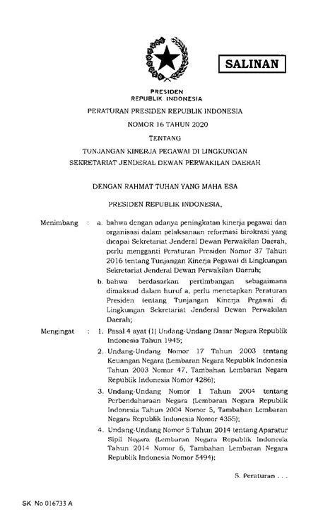 Peraturan Presiden No 16 Tahun 2020 Tentang Tunjangan Kinerja Pegawai
