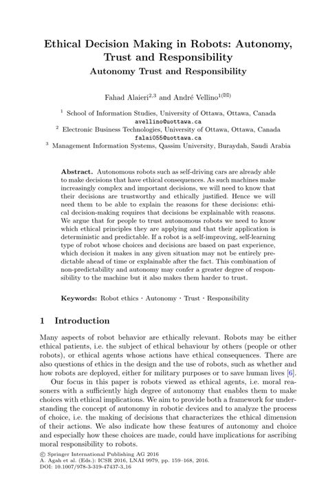 Pdf Ethical Decision Making In Robots Autonomy Trust And