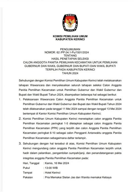 KPU Kabupaten Kerinci Umumkan Hasil Seleksi PPK Pilkada Tahun 2024