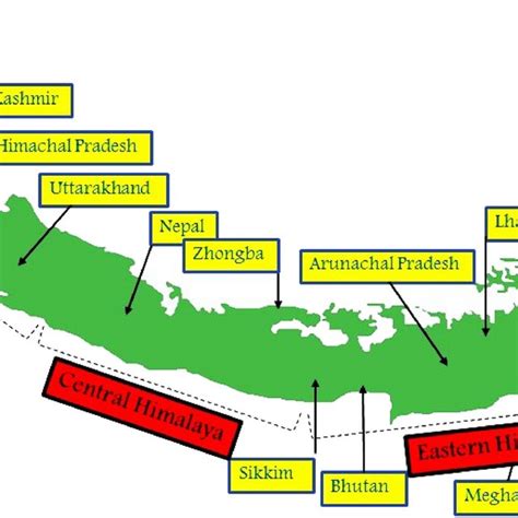 map   himalaya showing  regions   countries shape