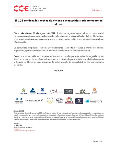 Cce On Twitter Comunicado El Cce Condena Los Hechos De Violencia