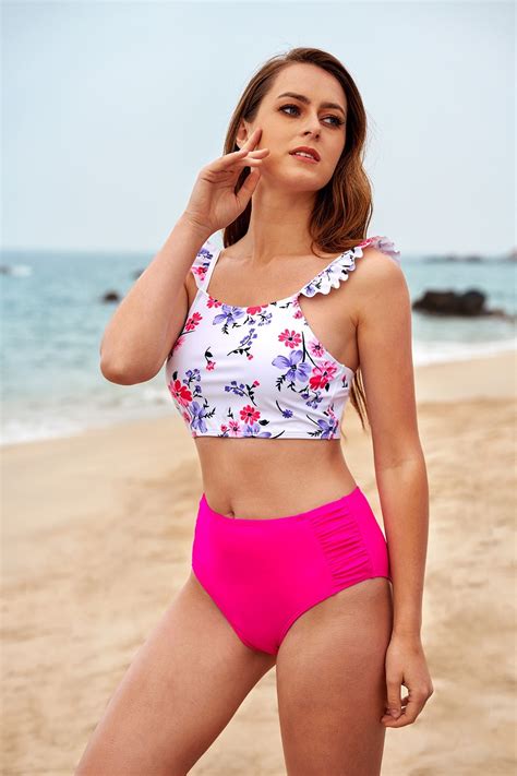 Floral Ruffle Square Neckline High Waist Two Piece Bikini Set Walkonbeach