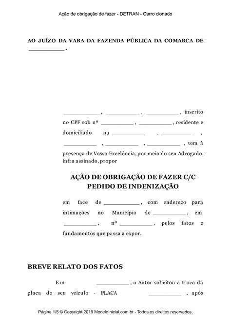 Modelo Ação de obrigação de fazer DETRAN Carro clonado