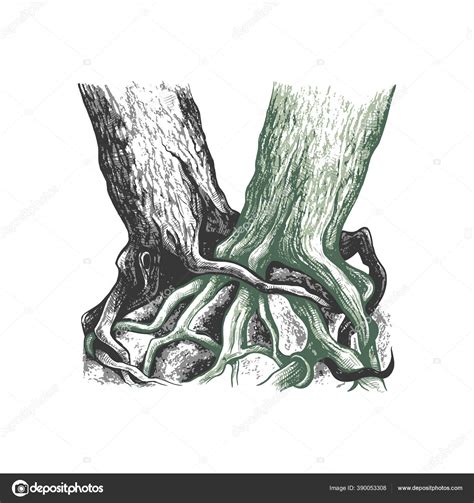 Two Old Trees Intertwined Roots Vector Illustration Nature Vintage ...