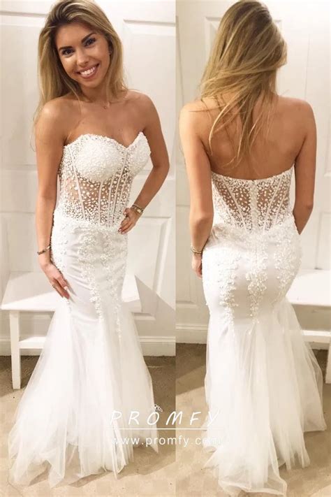 Elaborately White Beaded Strapless Sweetheart Illusion Mermaid Long