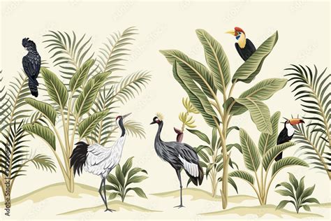 Tropical Vintage Bird Parrot Crane Toucan Palm Tree Banana Tree