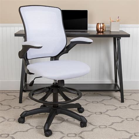 Mid Back White Mesh Ergonomic Drafting Chair With Foot Ring And Flip Up