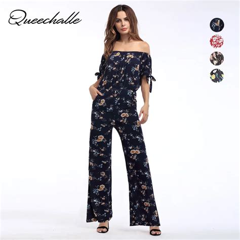 Queechalle Fashion Floral Print Women Jumpsuit Sexy Slash Neck Elastic