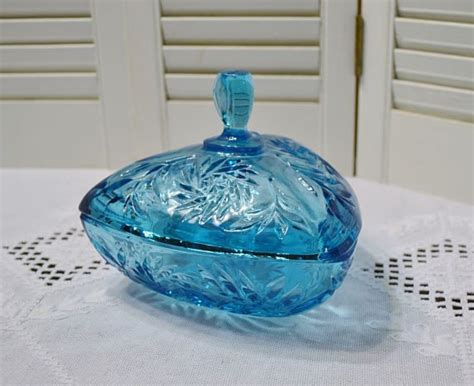 Vintage Blue Glass Candy Dish With Lid Triangle Shape Hazel Etsy