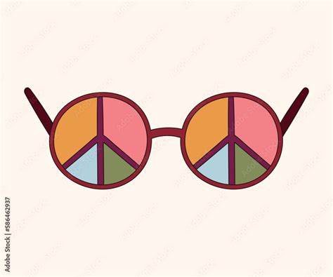 Groovy Retro Isolated Clip Art With Funny Multicolored Hippie Sunglasses And Peace Symbol 70s