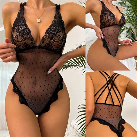 Black Women Sexy Bodysuit One Piece Babydoll Lingerie Lace Teddy